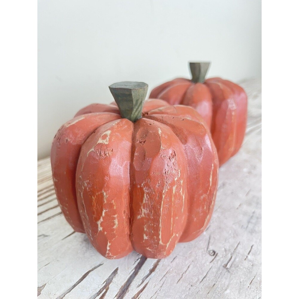 Vintage Rustic Wooden Primitive Hand Carved Pumpkin Set Holiday Autumn Decor